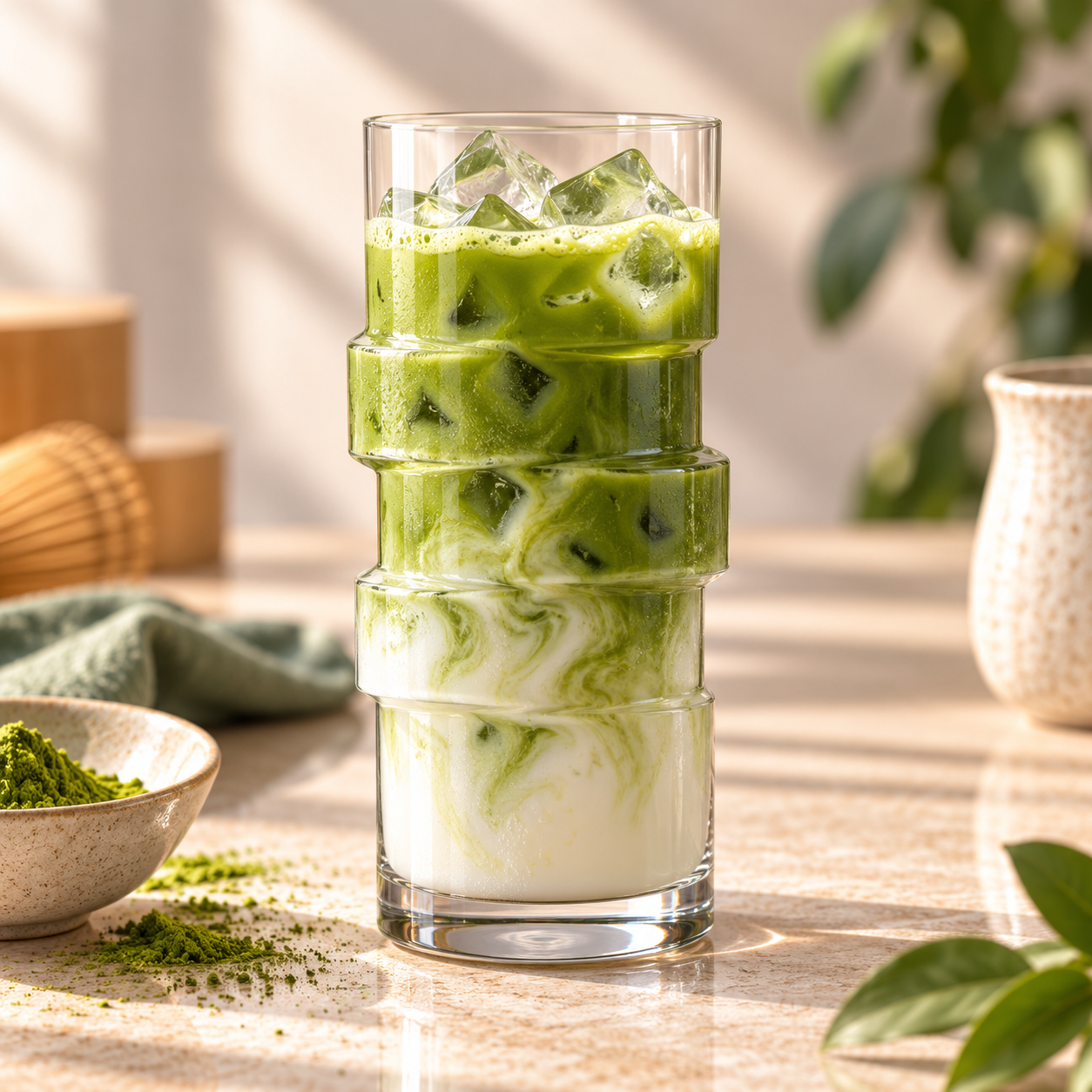 Ľadové matcha latte v geometrickom pohári